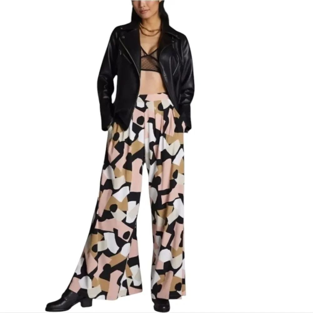 NWT Corey Lynn Calter Abstract Wide-Leg Pants Black White Light Pink Size L